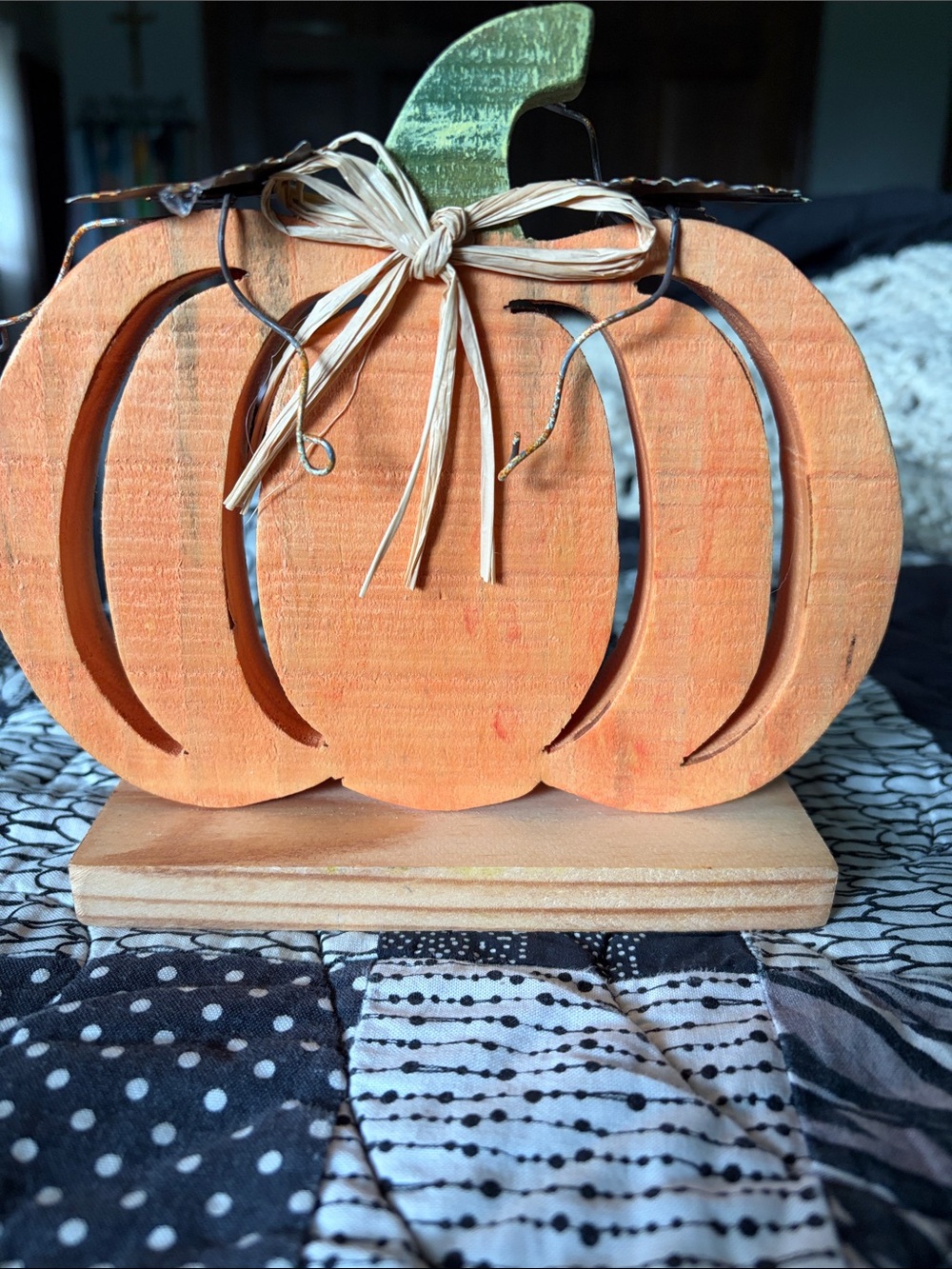 Rustic Orange Wooden Pumpkin Table Decor with Raffia Bow and metal leaves NWT